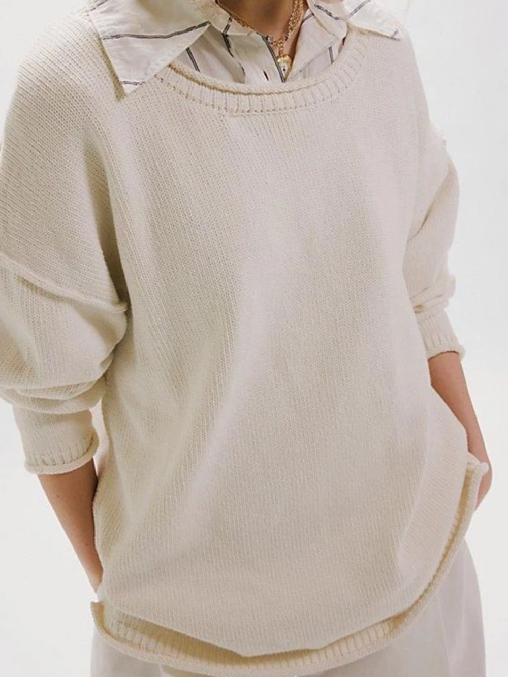 NWT Free People We The Free Ella Roll-Neck Cream Crewneck Cotton Knit Sweater